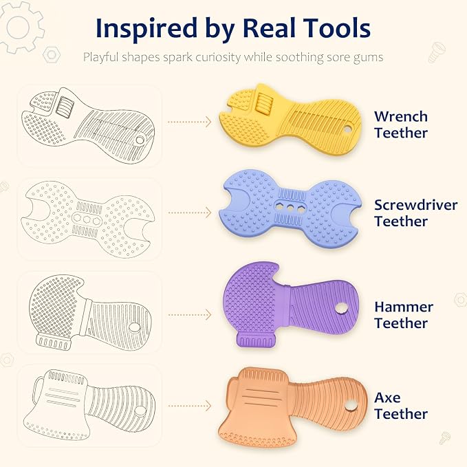 Baby Tool Teethers 4 Pack, Textured Sensory Teething Toys for Boys 0-6 Months, Wrench Screwdriver Hammer & Axe Silicone Chew Toys, Baby Shower Gifts for Newborn & Infants