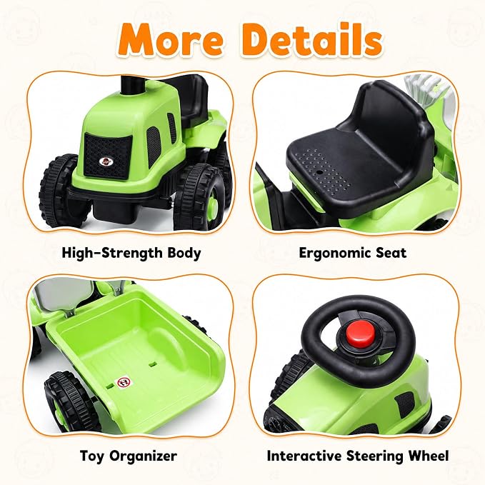 Kids Ride on Tractor, 2 in 1 Foot to Floor Push Car w/Detachable Trailer, Horn, Rake & Shovel, No Power Sliding Toy Gift for Toddlers, Outdoor Ride on Construction Vehicle (Green)