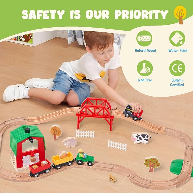 Giant bean 42PCS Wooden Farm Train Set for Toddler, Battery Operated Train Railway Track with Bridge, Barn, Animals,Tractor Cargo, Compatible with Most Brand, for Kids Boys Girls Age 3-8