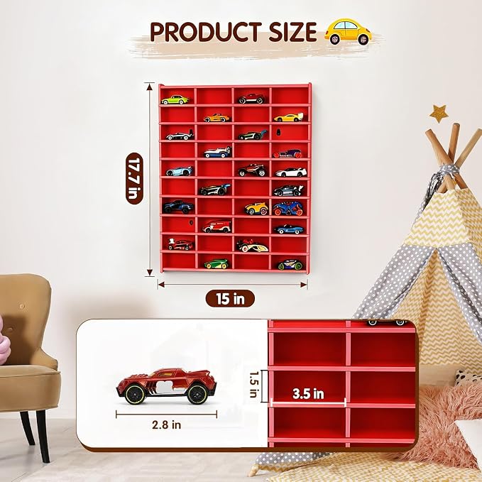 Krafetto Toy Car Display Shelf, Holds 40 Diecast 1/64 Toys Car, Wall Mount Model Cars Storage Organize Case (red 1/64 Toy Car Display Shelf)
