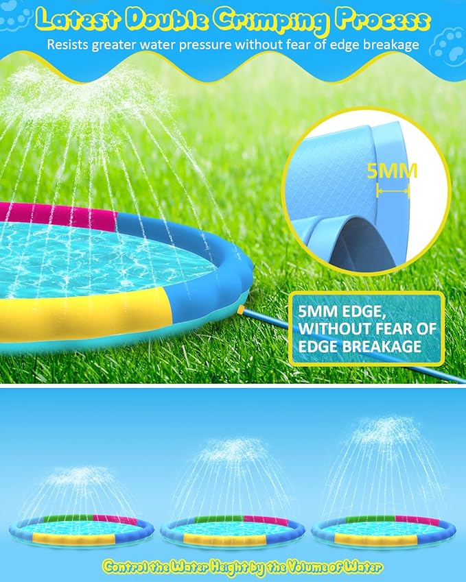 Raxurt Splash Pad, 87in Anti-Slip Splash Pad for Kids Dogs Thickened Durable Bath Pool Pet Summer Outdoor WaterToys Backyard Fountain Play Mat, Colorful