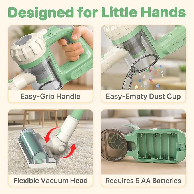 3-in-1 Kids Vacuum that Really Works - Toddler Vacuum Cleaner with Real Suction, Pretend Play Housekeeping & Cleaning Toy Set for Kids Ages 3+ (Green)