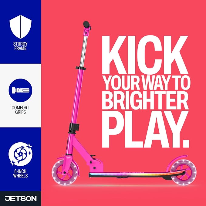 Jetson Jupiter Kids 2-Wheel Light-Up Kick Scooter, LED Lights on Handlebar, Stem, Wheels & Deck, Adjustable Handlebar, Rear Brake, Easy-Folding Mechanism, Ages 5+