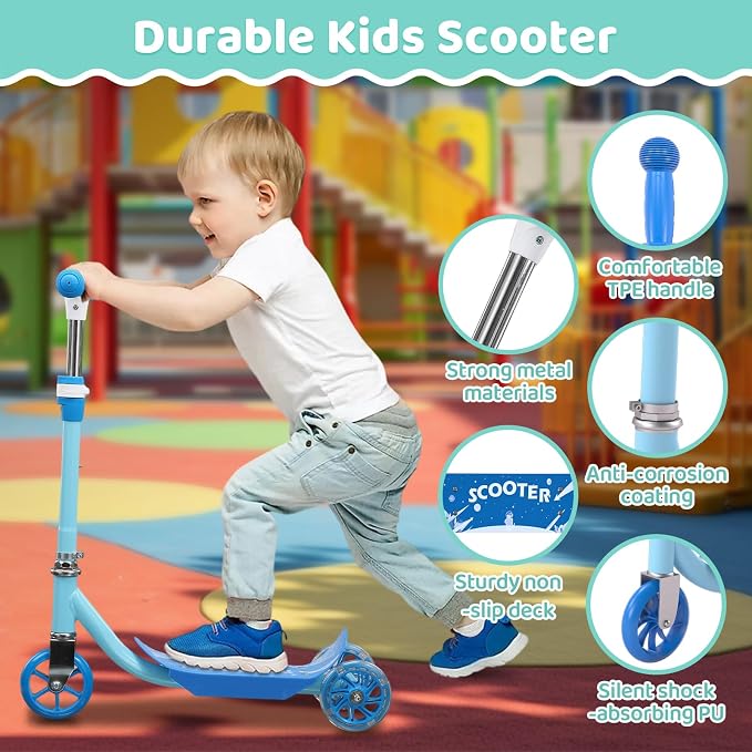 Kick Scooters for Kids 3-5 5-7 Years Age - Handlebars Safe-First Steer,Anti-Slip Deck,Height Adjustable Three Wheeled LED Lighted Up Toddler Scooter for Boy & Girl, Indoor Outdoor Kid Child Toy Gift