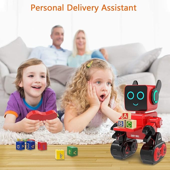 Robots for Kids, Remote Control Robot Toy Intelligent Interactive LED Light Speaks Dance Moves Built-in Coin Bank Programmable Rechargeable RC Robotic Kit (Red)