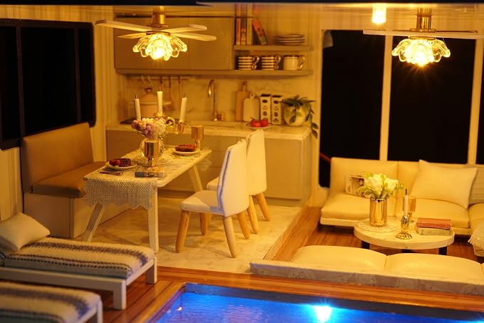 CUTEROOM Miniature House Kit, DIY Dollhouse Kit for Adults to Build, Mini House Making Kit with Furnitures, Time Apartment Dollhouse Kit with Swimming Pool Gifts for Women