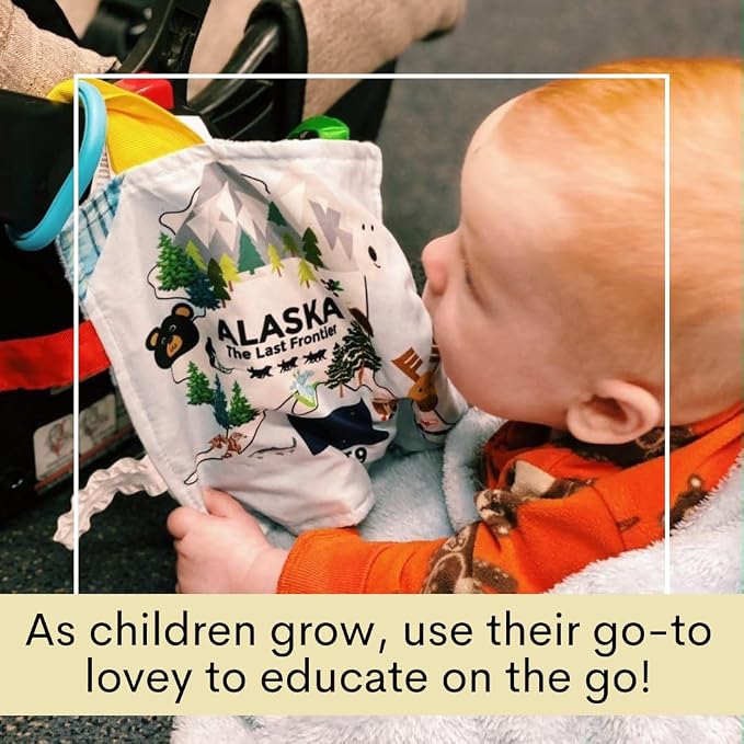 Baby Jack & Co 8x8” Learning Lovey Alaska State Tag Stroller Toy for Babies - Crinkle Toys for Developing Five Senses - Learn About Capitals - Travel with Baby Jack - BPA Free Clip