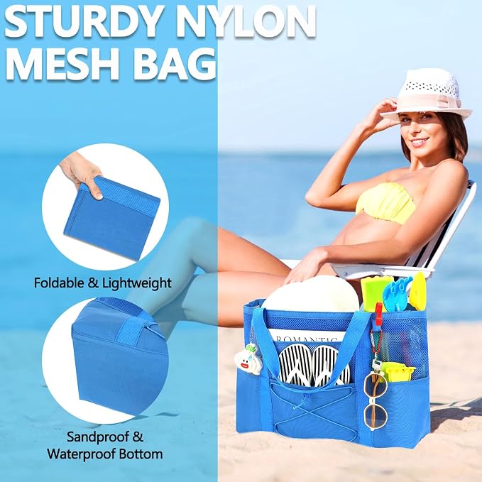 Fammart Mesh Beach Bag for Women, Large Beach Toy Pool Bag with Zipper Pocket, SandProof Cruise Essentials 2026 Family Travel