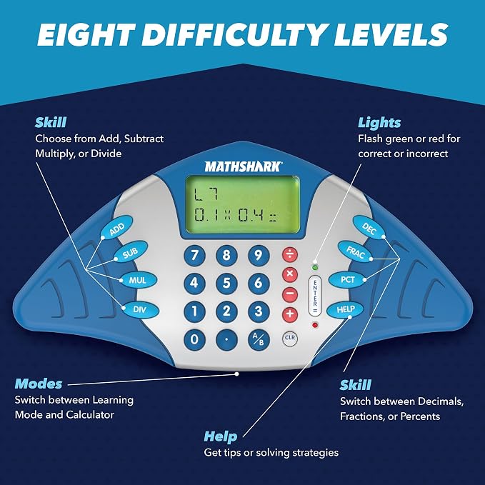 Educational Insights MathShark - Electronic Math Games for Kids Ages 6-8, Handheld Math Game, Addition and Subtraction Toys, Multiplication and Division Games for First Graders, Kids Learning Game