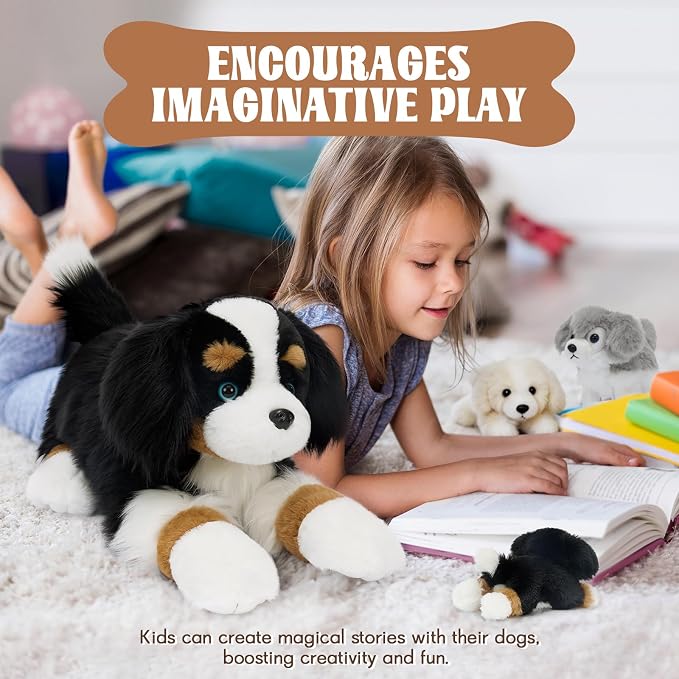 Tezituor Dog Stuffed Animal,26 Inch Border Collie Plush Toys Set with 3 Puppies,Realistic Mommy Dog Plush,4PCS Black White Puppy Plushies,Soft Dog Plush Gift for Girls Boys Kids Birthday Christmas