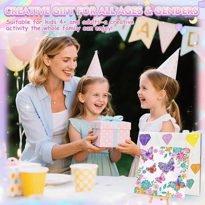 LCOZX 3D Fluttering Butterfly Diamond Art Kit for Kids Ages 8-12–Sparkling Gem Painting with Wooden Stand, Easy Arts & Crafts for Girls & Boys, Unique Birthday Gift & Bedroom Decor