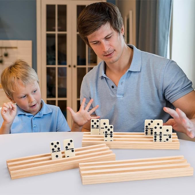 Wooden Domino Trays Holders, Set of 4 Domino Racks for Mexican Train Dominoes and Other Classic Games, Mexican Train Accessories