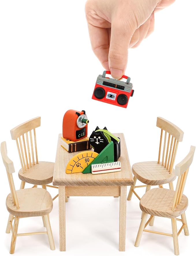 Nicunom Dollhouse Dining Room Furniture Set, 1/12 Scale Miniature Table and 4 Chairs, Wooden Doll House Accessories