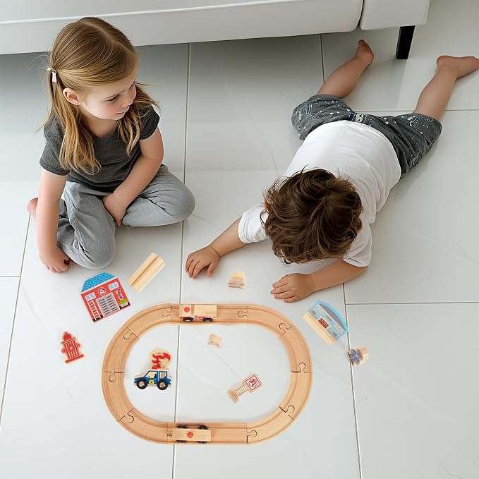 Wooden Train Set for Toddler, Wooden Tracks fits Thomas, fits Brio, fits Chuggington, fits Melissa and Doug - Expandable, Changeable Train Toy for 3 4 5 Years Old Girls & Boys (Police)