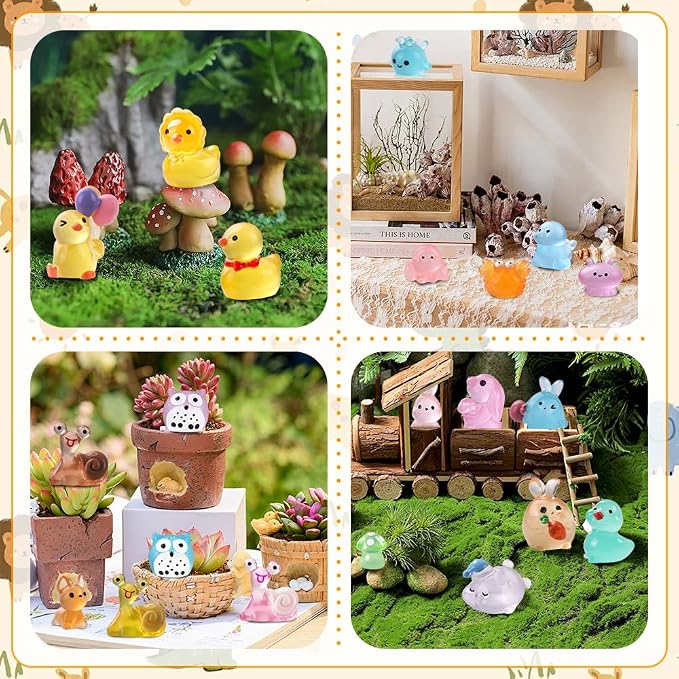 DIYDEC 206pcs Mini Luminous Resin Animals, Miniatures Glow in The Dark Toys Tiny Little Figures to Hide Small Duck Decor for Party Favors Bag Fillers Fairy Garden Dollhouse Accessories