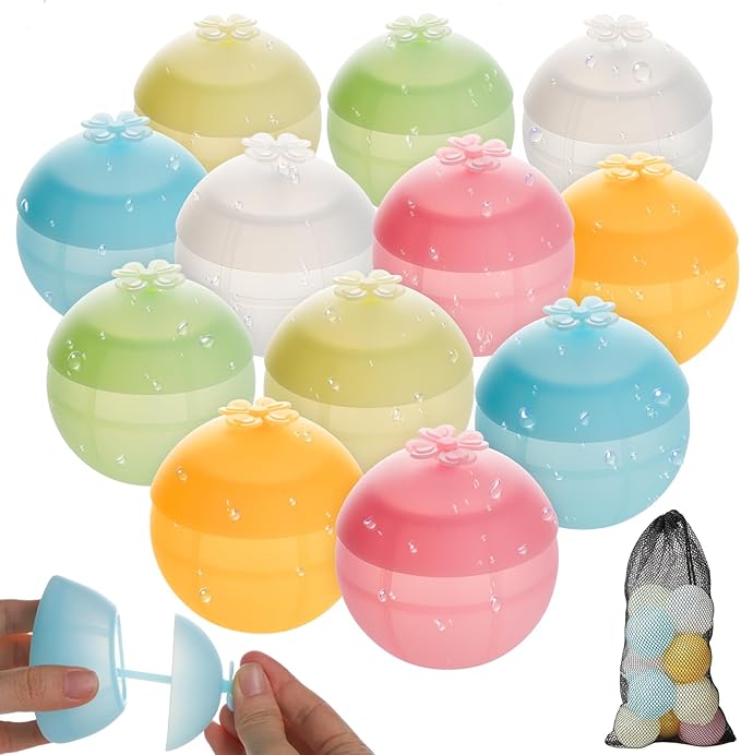 Reusable Water Balloons, Refillable Silicone Water Balls 12 Pack, Self Sealing Water Balloons, Quick Fill Water Balls for Kids Pool Beach
