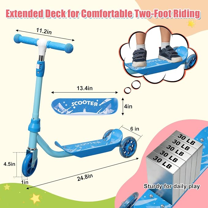 Kick Scooter for Kids Ages 3-7, Three Wheel Toddler Scooter with Handlebar Steering(No Lean),Height Adjustable, Light Up Rear Wheels, Indoor Outdoor Toy for Girls Boys, Holiday Birthday Gift