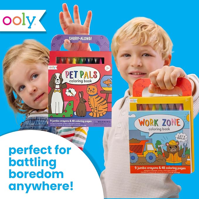Ooly Kids Travel Activity Kit – 9 Jumbo Crayons & 48 Coloring Pages, Car Crafts for Kids, Mess-Free Road Trip Art Set, Airplane Activities – Pet Pals