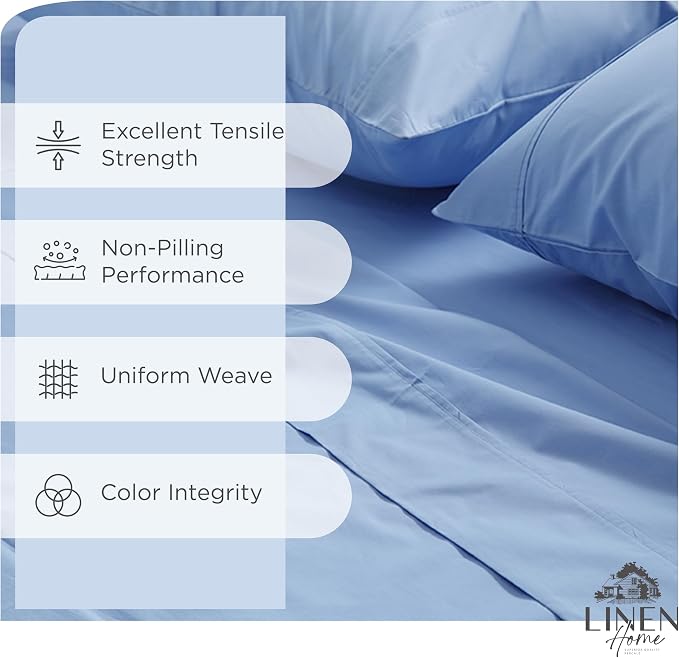 Linen Home 6 Piece Full Cotton Sheet Set, 100% Cotton Percale, 4 Pillowcases, Deep Pocket with All Around Elastic Sheet, Crisp Breathable Bedding, Hotel Luxury, Long-Staple Combed Cotton, Baby Blue