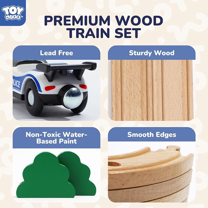 TOY Life Wooden Train Set for Toddlers 2-4, 56PCS Police Station Train Toys with Wooden Train Track Set, Magnetic Police Car Set, Toys for 3 4 5 6 Year Old Boys Kids, Compatible with Major Brand