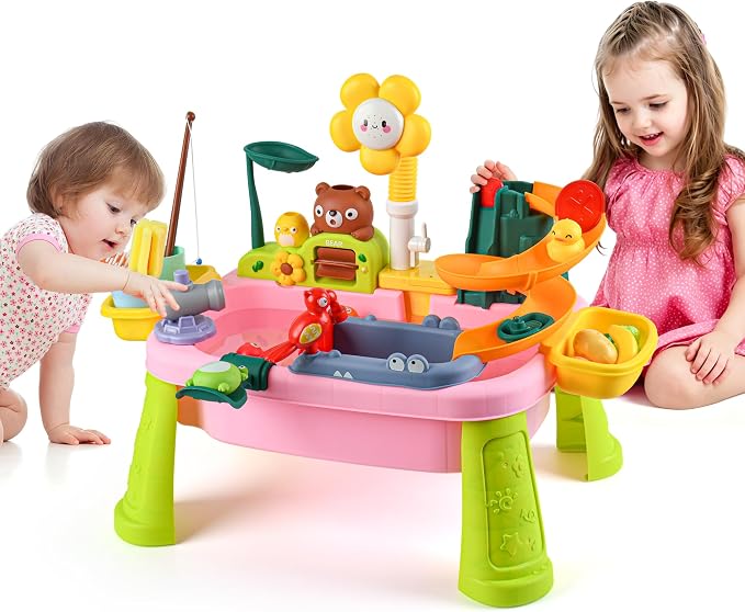Kids Sand Water Table — 4-in-1 Kitchen Sink Toy with Battery-Powered Water Pump, Faucet, Play Food & Fishing Set, for Boys & Girls Age 3+ (Pink-Sunflower)