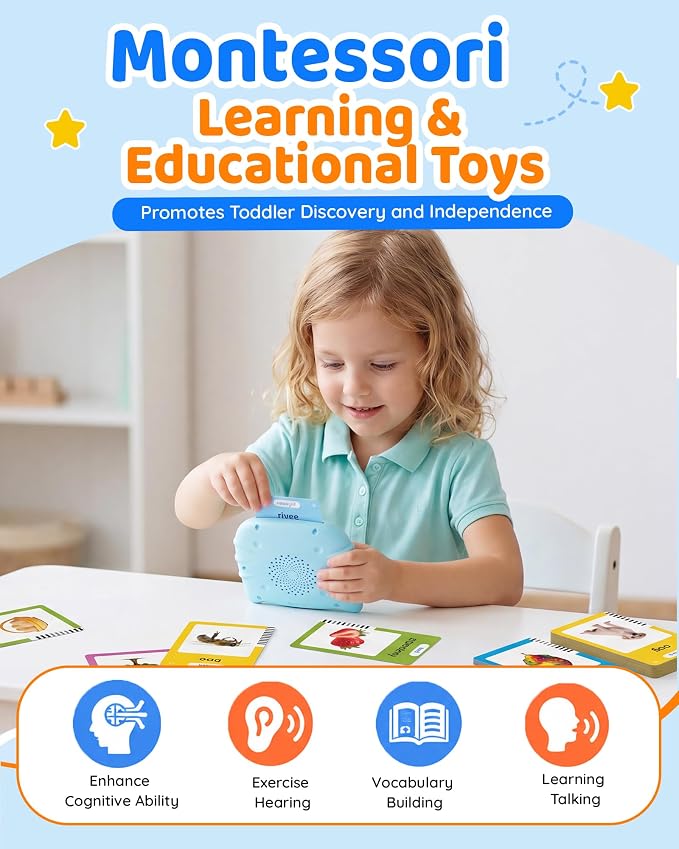 Aullsaty Talking Flash Cards for Toddlers Ages 1-3, 224 Words Montessori Speech Therapy Toys, Autism Sensory Toy, Educational Learning Speech Therapy Birthday Gifts for Boys Girls (Blue)