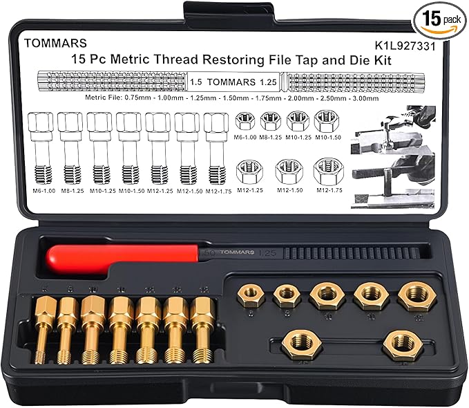 TOMMARS 15-Piece Metric Thread Chaser Set, M6 M8 M10 M12 Thread Restorer Tool Rethreading Repair Kit