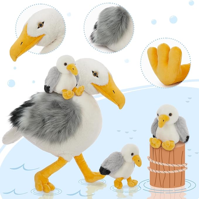 MaoGoLan 4Pcs Seagull Stuffed Animal with Babies Inside,17.7" Mama Seagull Plush with Three Adorable Baby Plushies for Small Hand,Beach Plush Lover Gift for Kids,Boys,Girls