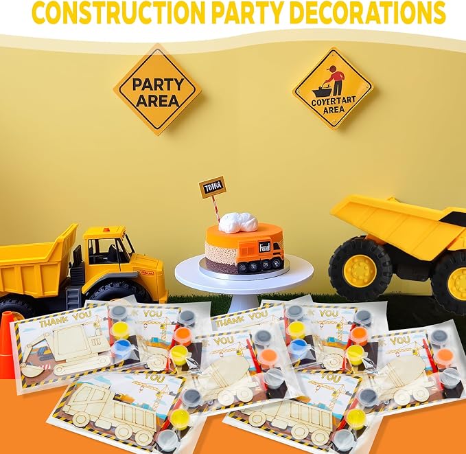 24 Set Construction Birthday Party Supplies, Trucks Parties Craft Construction Theme Birthday Paint Party Favors with Wooden Painting Crafts, Thank You Cards, Paints, Brushes and Bags Decorations