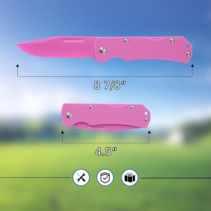 JIN Alpha Kids Pocket Knife, Fidget Toy, DIY Making Kit, Folding EDC, Fake Knives, Safe for Kids, Pink G10 Blade & Handle, Girls Gift, Camping Tool