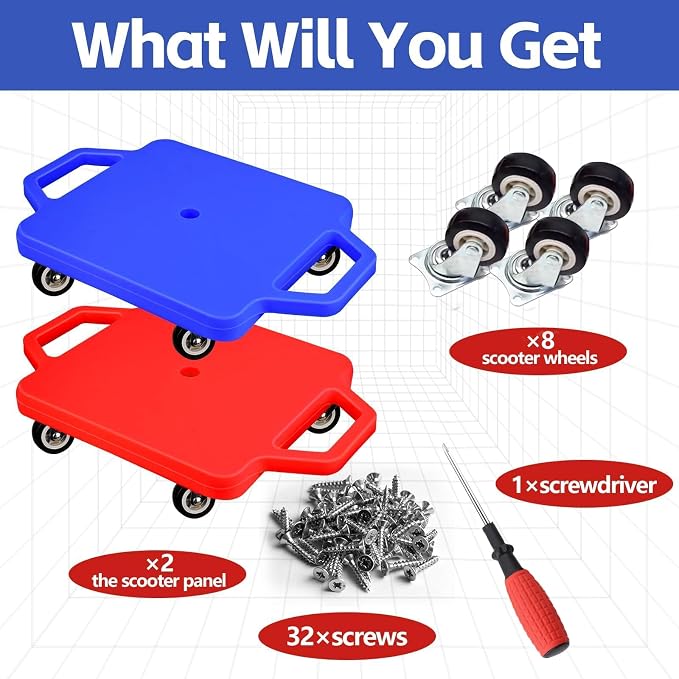 2 Pcs Sports Scooter Board with Handles Colored Floor Sitting Scooter Board with Plastic Casters for Kids Gym Indoor Outdoor Activities Play Equipment