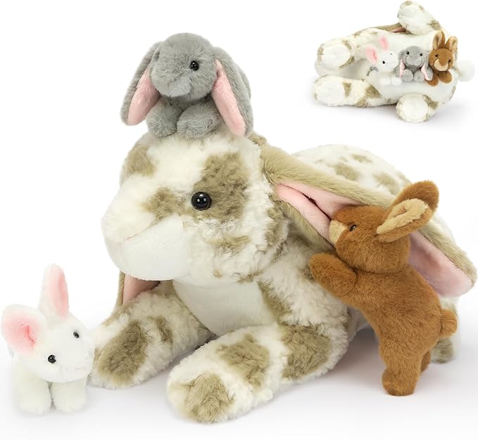 MaoGoLan 4pcs Gray Spotted Lop Eared Rabbit Bunny Stuffed Animal Plush, 17.5" Large Mommy Stuffd Rabbit Plush with 3 Bunny Babies, Cute Soft Stuffed Animal Toy Gift for Girls Boys Kids