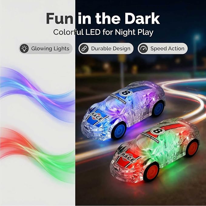 LIDI 2 Pack LED Light up Pull Back Race Car Toys Friction Power Car Toy Set | Toddlers Baby Kids Boy Birthday Gifts Easter Basket Stuffers, Christmas Party Gift