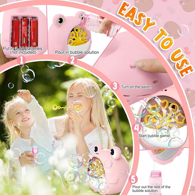 Frog Bubble Machine Toys for Kids 3-8 Years Old: Bubble Blower Maker with 2 Solutions, Outdoor Party Toy, Birthday Gift for 3 4 5 6 7 8 Year Old Girls Boys, Pink