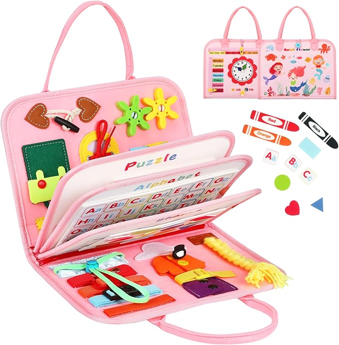 Quiet Flower 8 in 1 Busy Board Montessori Toys - Pink Sensory Busy Book & Activity Book for Basic Motor Skills, Educational Airplane Toys & Travel Essentials for Kids, Birthday Gift for Girl