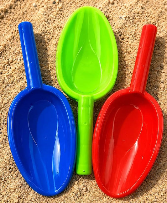 Matty's Toy Stop Kids Sand Shovels for Beach & Sandbox – 3 Pack 14" Long Handle Plastic Sand Scoops, Red Blue Green, Outdoor Beach Toys for Boys & Girls