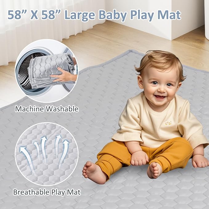 INFANS Foldable Baby Playpen with Mat, 59” x 59” Large Baby Play Yard for Infant with 50 Ocean Balls, 4 Handlers, Carry Bag, Indoor Outdoor Fence Toddler Activity Center (Gray, 59” x 59”)