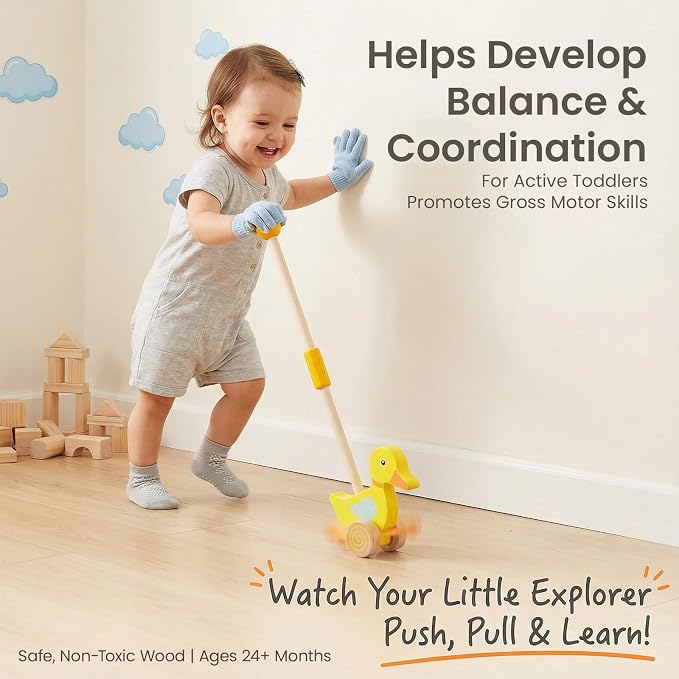 Wooden Push Toys for Toddlers 1-3, Baby Pull Along Stick Walking Duck | Montessori Early Development Toy for 1 Year Old Girls Boys Birthday Gift