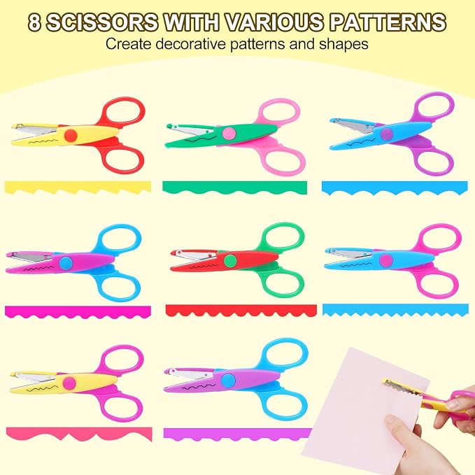 UCEC 44 Pack Arts and Crafts Supplies Kit for Kids, 8 Decorative Edge Craft Scissors, 6 Shape Paper Punchers, and 30 Sheets Colored Cardstock Paper for DIY Scrapbooking, Card Making, School Classroom