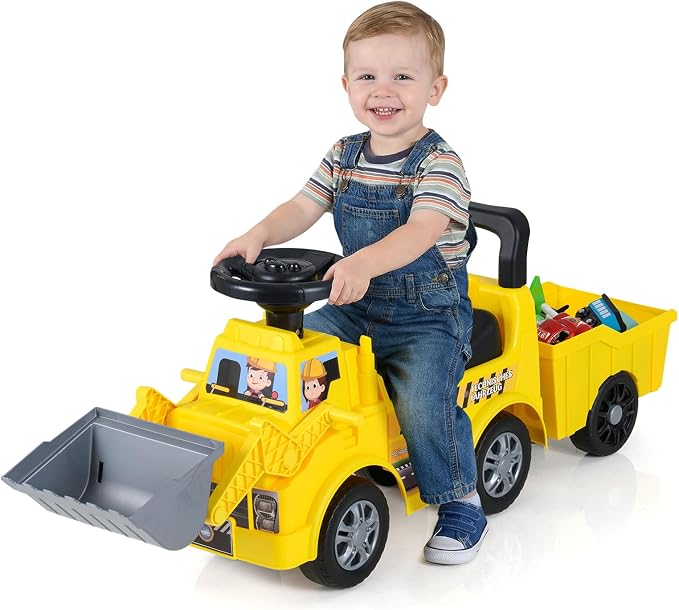 Costzon Ride on Excavator, Kids Tractor Digger Bulldozer Push Car w/Shovel, Detachable Trailer, Under-Seat Storage, DIY Stickers, Sit and Scoot Ride on Toy, Construction Car for Toddler 18+ Months