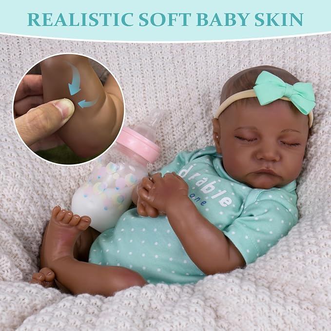 Aori Lifelike Reborn Baby Dolls Black - 18-Inch Realistic Newborn Baby Dolls Black American Real Life Babies Dolls Cloth Body with Feeding Kit & Gift Box for Kids Age 3+