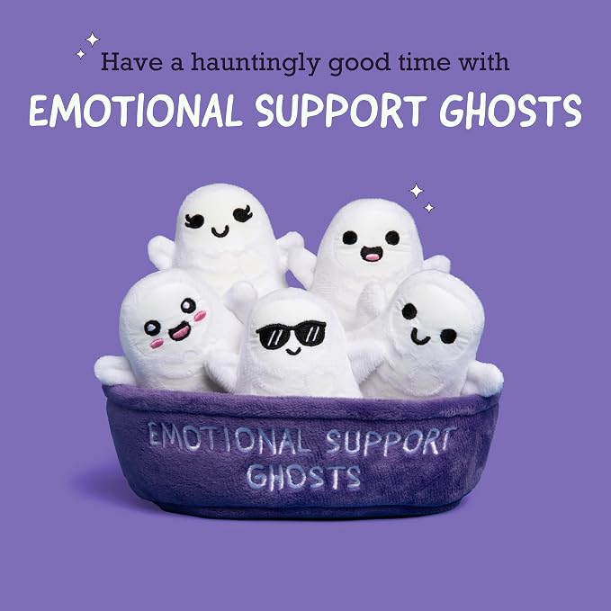 Emotional Support Ghosts by Relatable, Cuddly Plush Collectibles and Cute Stuffed Animals, Spooky Halloween Ghost Plushies and Fun Trick or Treat Toys, Includes 5 Plushies with Carrying Basket