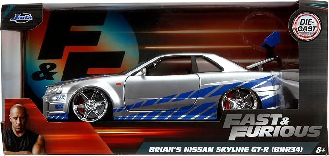 Jada Toys Fast & Furious Brian’s 2002 Nissan Skyline R34 Die-cast Car, 1:24 Scale, Silver & Blue