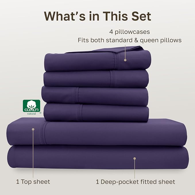 California Design Den 6-Pc Queen Size Sheet Set with 4 Pillowcases - 400 Thread Count 100% Cotton Sheets, Sateen Weave, Deep Pocket Bedsheets Set - Dark Purple