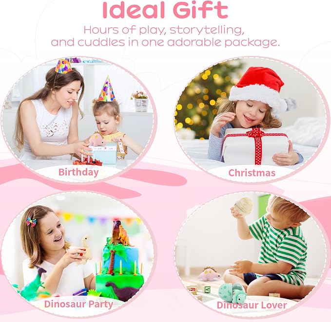 17.6in Pink Dinosaur Toys for Girls, Mommy Dinosaur Stuffed Animal with 3 Baby Dino Plush(Triceratops, Stegosaurus and Diplodocus),Small Dino Plushies for Girls and Boys,Gifts for Kids