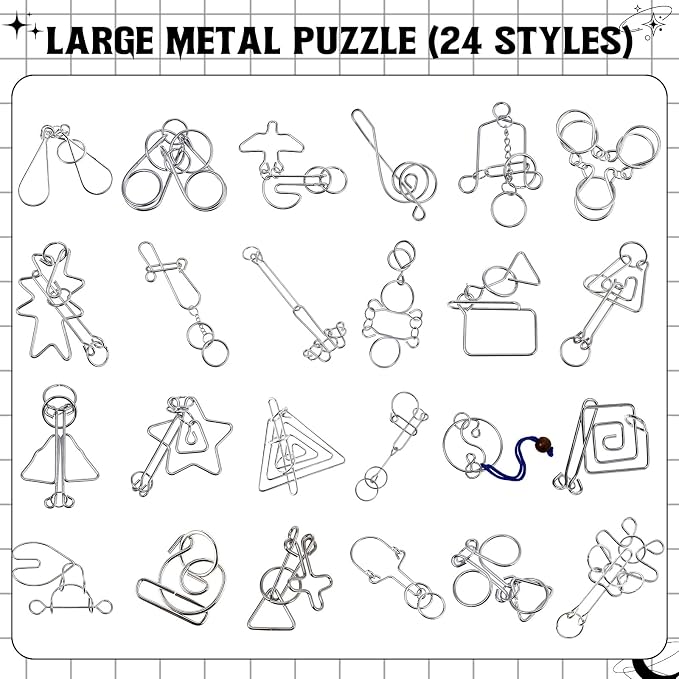 24 Packs Large Metal Bulk IQ Wire Metal with Paper Box Gift Package Educational Valentine Gifts Easter for Party Favor Adults Challenge Gifts(Black,Unique Styles)