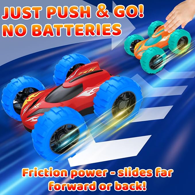 2 Pack Car Toys for 3 4 5 Years Old Boys, Sturdy Friction Powered Monster Truck Toys, Double-Side Stunt Vehicles, Push and Go Cars, Sand Toy, Easter Christmas Birthday Gift for Boys Girls Kids Toddler