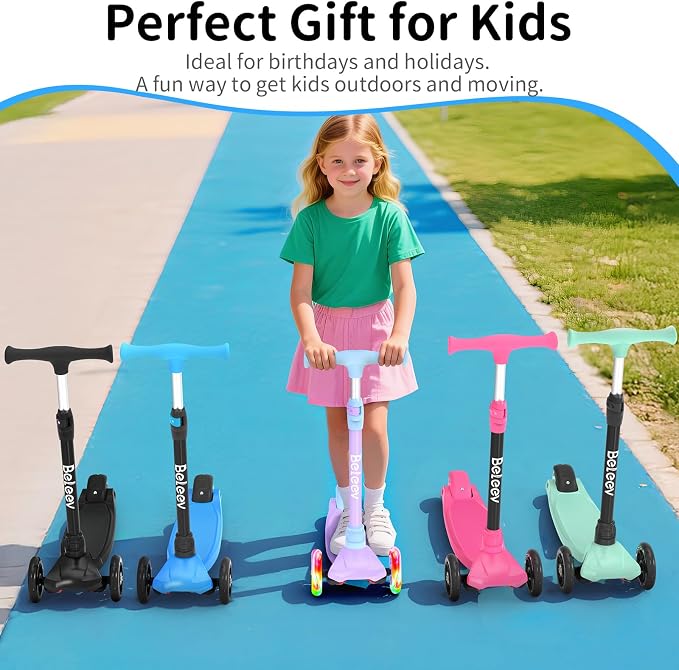 BELEEV Scooters for Kids 3 Wheel Kick Scooter for Toddlers Girls Boys, 4 Adjustable Height, Lean to Steer, Light up Wheels, Extra-Wide Deck, Easy to Assemble for Children Ages 3-12
