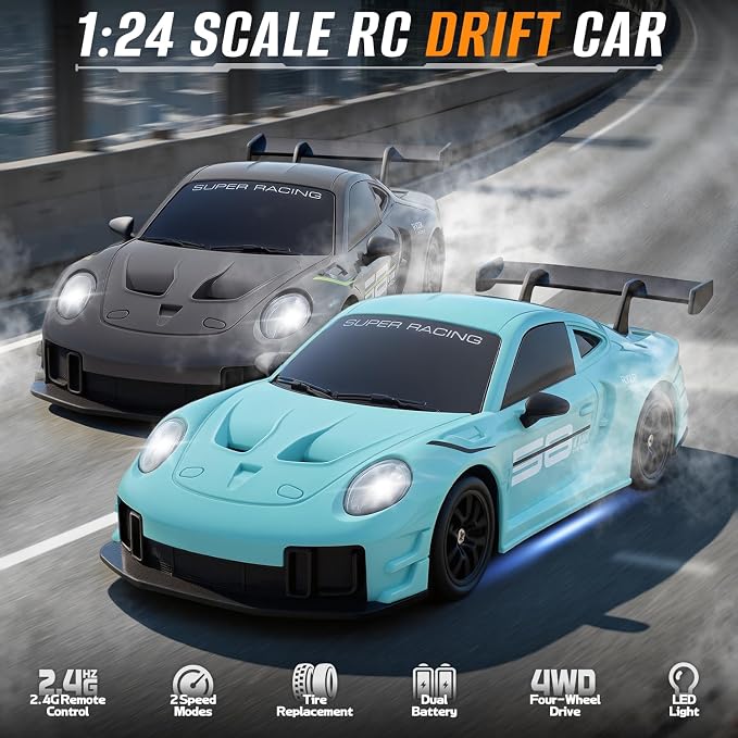 RC Drift Car, 1:24 4WD Remote Control Cars Vehicle with LED Light,2.4GHz 20KM/H High Speed RC Cars with Two Batteries & Drifting Tires Racing Sport Toy for Adults Boys Girls Kids Blue