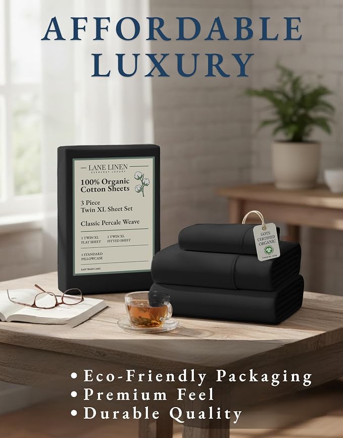 LANE LINEN Twin XL Sheets 100% Organic Cotton Soft 3pc Percale - Black | Organic Cotton Percale Twin XL Sheet Set - Naturally Cooling & Lightweight, Cool All Summer, Cozy All Winter